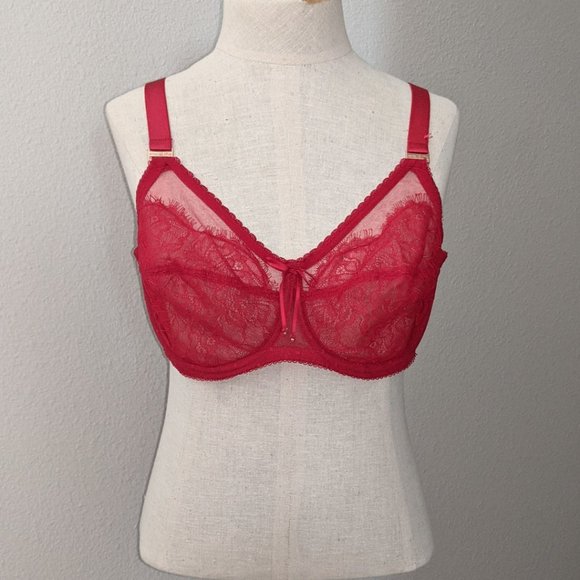 Red Unlined Lace Bra, 38C - Picture 2 of 4